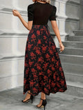 Lace Up Floral Print Splicing Dress, Elegant Crew Neck Short Sleeve Dress For Spring & Summer, Women's Clothing