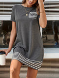 Striped Crew Neck Patched Pocket Dress, Elegant Short Sleeve Dress For Spring & Summer, Women's Clothing