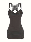 Purpdrank Solid Color Y2K Ruched Strap Tank Top - Fashionable Cold Shoulder Butterfly Lace - Versatile Spring & Summer Style for Womens Cute/Coquette Closet