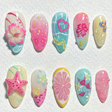Purpdrank  30pcs Summer Beach Shell Colorful Starfish Flower Butterfly Heart Almond Nail Art Press-On Nail Stickers + Jelly File Strips