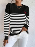 Cozy Heart & Striped Knitted Pullover Sweater - Women's Casual Crew Neck Long Sleeve Top for Fall & Winter - Soft, Warm, and Comfortable Clothing for Everyday Wear