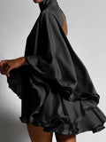 Purpdrank - Solid Color High-Neck Backless Flared Sleeves Mini Dress