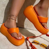 Purpdrank - Tangerine Red Casual Patchwork Solid Color Square Comfortable Wedges Shoes (Heel Height 1.97in)
