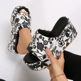 Purpdrank - White Patchwork Printing Round Out Door Wedges Shoes (Heel Height 2.36in)