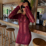 Purpdrank - Knitting Solid Dress for Women Sexy Tassel Hollow Backless Long Dleeve Bodycon Dresses Midnight Clubwear Elegant Jurk
