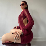 Purpdrank - Knitting Solid Dress for Women Sexy Tassel Hollow Backless Long Dleeve Bodycon Dresses Midnight Clubwear Elegant Jurk