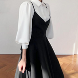Purpdrank - New Spring Dress Women Single Breasted Lantern Sleeve Shirt Set+Camisole Bow Pleated Solid Dresses