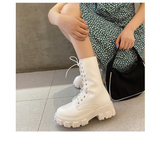 Purpdrank - Women Motorcycle Boots Wedges Flat Shoes Woman High Heel Platform PU Leather Boots Lace Up Women Shoes Black Boots Girls