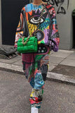 Purpdrank - Casual Print Patchwork O Neck Long Sleeve Two Pieces