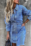 Purpdrank - Casual Solid Patchwork With Belt Turndown Collar Long Sleeve Regular Denim Dresses