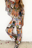 Purpdrank - Casual College Print Patchwork Turndown Collar Long Sleeve Two Pieces