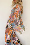 Purpdrank - Casual College Print Patchwork Turndown Collar Long Sleeve Two Pieces