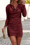 Purpdrank - Sexy Party Solid Fold Sequined Scarf Collar Wrapped Skirt Dresses