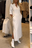 Purpdrank - Elegant Simplicity Solid Pocket Turndown Collar One Step Skirt Dresses