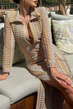 Purpdrank - Sexy Street Color Block Slit Weave V Neck Long Sleeve Dresses