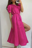 Purpdrank - Elegant Solid Buckle O Neck A Line Short Sleeve Dress