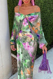 Purpdrank - Elegant Floral Contrast Off the Shoulder Long Sleeve Two Pieces