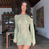 Purpdrank - Knitting Solid Dress for Women Sexy Tassel Hollow Backless Long Dleeve Bodycon Dresses Midnight Clubwear Elegant Jurk