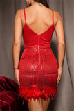 Purpdrank - Sexy Party Formal Patchwork Sequins Feathers Backless V Neck Sling Dress Dresses