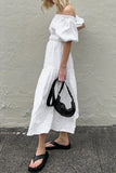 Purpdrank - Casual Simplicity Solid Fold Off the Shoulder A Line Short Sleeve Dress