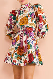 Purpdrank - Elegant Floral Bandage Half A Turtleneck Printed Dress Dresses
