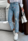 Purpdrank - Casual Print Ripped Mid Waist Regular Denim Jeans