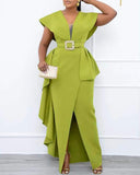 Purpdrank - Plus Size Contrast Mesh Split Prom Dress With Belt
