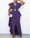 Purpdrank - Plus Size Contrast Mesh Split Prom Dress With Belt