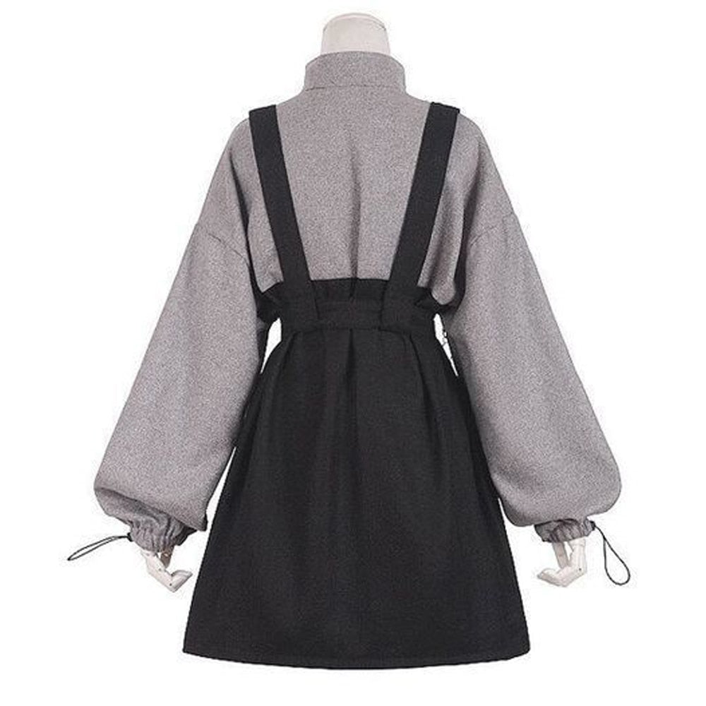 Purpdrank - 2023 Retro Vintage Women Gothic Girls Punk Mini Dresses High Waist Long Sleeve Hat Collar Sexy Gry Black Lolita Plus Size Jurken
