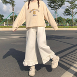 Purpdrank - Japanese Kawaii Soft Girl Women Pants Sweet Ruffled Basis Wild High Waist Loose Trousers Elastic Waist Casual Solid Student Pant