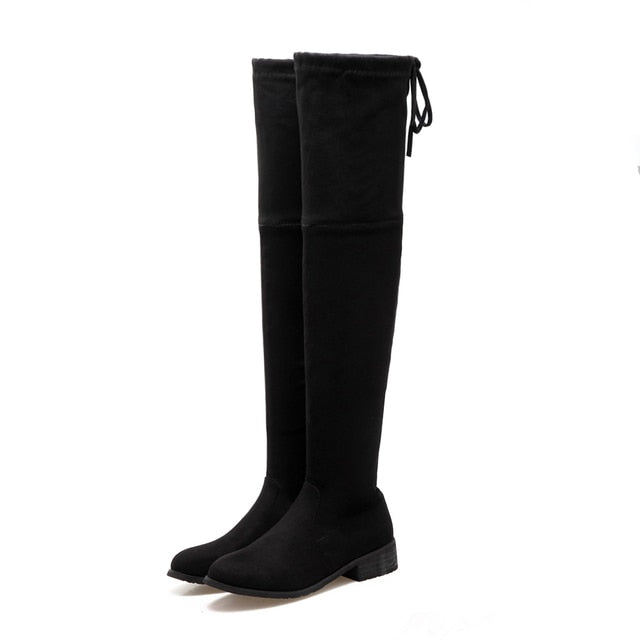 Purpdrank - 2023 new autumn winter Women over-the-knee boots plus size 22-27CM flock Elastic boots Rear strap thick heel long boots