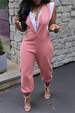 Purpdrank - Pink Casual Street Daily Simplicity Patchwork Pocket Contrast Asymmetrical Collar Regular Jumpsuits
