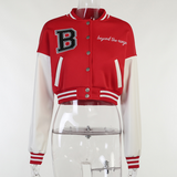 Purpdrank - Patchwork Short Jacket Women Autumn Casual Letter Print Button Baseball Coat Varsity Y2K Fashion Sporty Sweatshirt