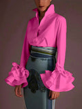 Purpdrank - Flared Sleeves Bow-Embellished Falbala Solid Color Lapel Blouses&Shirts Tops