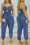 Purpdrank - The cowboy blue Sexy Casual Solid Hollowed Out Chains Backless Spaghetti Strap Regular Jumpsuits