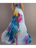 Purpdrank - Women's Maxi White Dress Sexy Summer Vacation Beach Chiffon Swing Floral Strapless Print High Waist