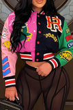 Purpdrank - Black Gray Casual Sweet Print Patchwork Pocket Buckle Cardigan Collar Outerwear