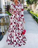 Purpdrank - High Waist Romantic Red Shirt Long Skirt Chiffon Printing Large Swing Long Skirt
