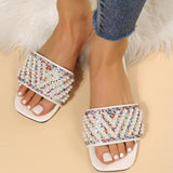 Purpdrank - Cream White Casual Patchwork Pearl Rhinestone Square Comfortable Shoes