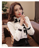 Purpdrank - New Women blouse tops White Ruffles Bow Long Sleeve Chiffon Blouse 2023 New Work Wear Office Blusas Femininas ladies shirt 570A