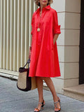 Purpdrank - Simple Long Sleeves Solid Color Lapel Midi Dress
