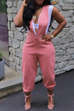 Purpdrank - Pink Casual Street Daily Simplicity Patchwork Pocket Contrast Asymmetrical Collar Regular Jumpsuits