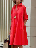 Purpdrank - Simple Long Sleeves Solid Color Lapel Midi Dress