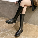 Purpdrank - Platform Knee High Boots Slip-on Block Heel Footwear Women Thick High Heels PU Leather Shoes Fashion Spring Female Boots