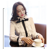 Purpdrank - New Women blouse tops White Ruffles Bow Long Sleeve Chiffon Blouse 2023 New Work Wear Office Blusas Femininas ladies shirt 570A