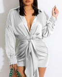 Purpdrank - Satin Button Front Ruched Belted Shirt Dress