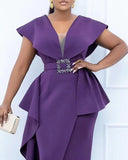 Purpdrank - Plus Size Contrast Mesh Split Prom Dress With Belt