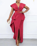Purpdrank - Plus Size Contrast Mesh Split Prom Dress With Belt