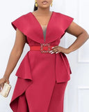 Purpdrank - Plus Size Contrast Mesh Split Prom Dress With Belt