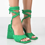 Purpdrank - Green Fashion Casual Bandage Solid Color Square Wedges Shoes